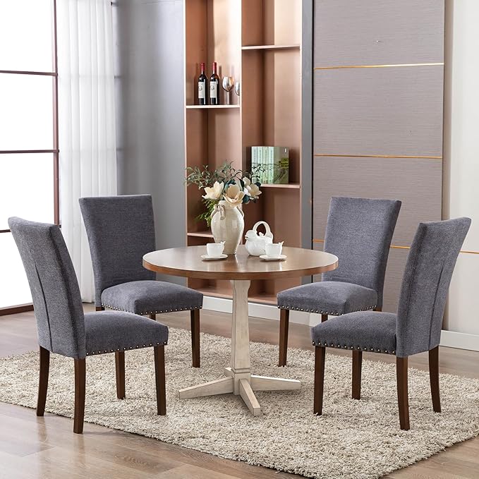 COLAMY Upholstered Parsons Dining Chairs Set of 6, Fabric Dining Room Kitchen Side Chair with Nailhead Trim and Wood Legs - Dark Grey