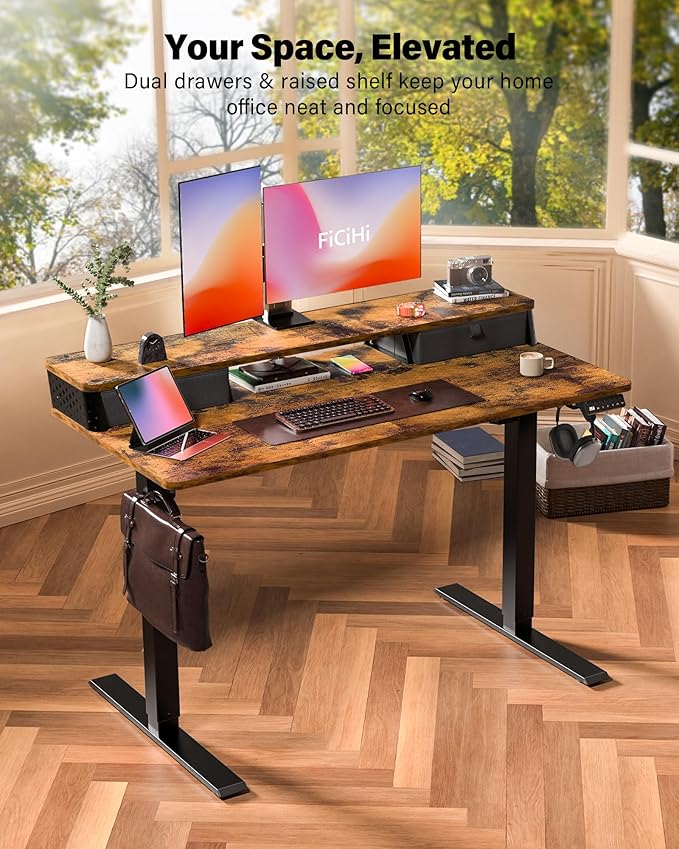 48x24 Inch Standing Desk with Double Drawers,C-Clamp Mount Compatible,Electric Adjustable Height Computer Stand Up Desks, Home Office Sit Stand Table with 3 Preset Heights & Hooks, Rustic Brown