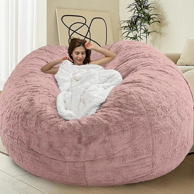 Bean Bag Chairs for Kids Comfy Fluffy Big Joe Bean Bag Chair Cover Without Filler Round Sofa Chairs for Bedroom Living Room Decor, 5FT, Light Pink