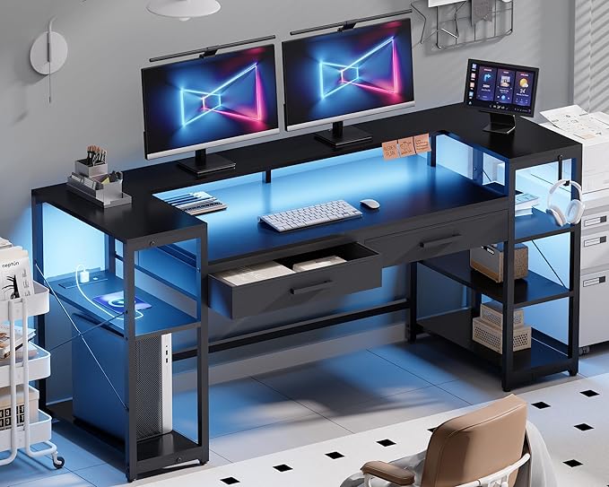 Pamray 58 Inch Computer Desk with Monitor Stand and Shelves Gaming Desk with LED Lights & Power Outlets PC Vanity Table with 2 Drawers for Home Office Black