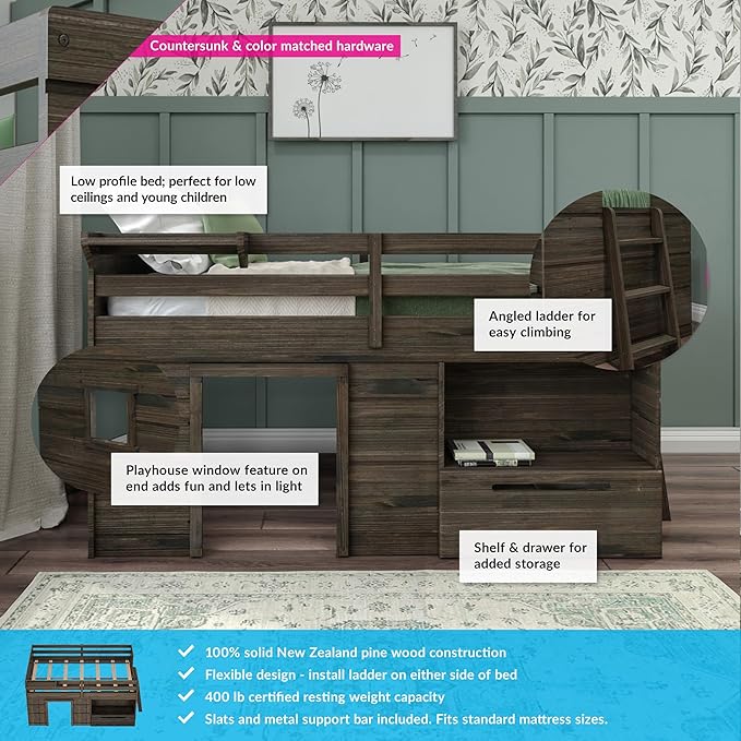 Max & Lily Loft Bed Twin Size, Solid Wood Low Loft Bed with Storage Drawer and Ladder, Modern Farmhouse Loft Bed for Kids, Barnwood Brown