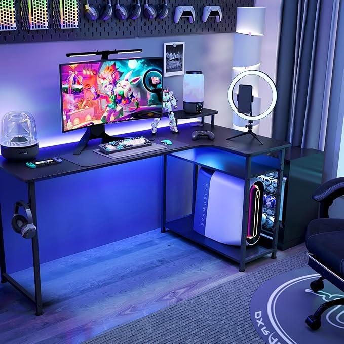 GTRACING L Shaped Gaming Desk, Carbon Fiber Style Computer Desk Compatible with Monitor Arm Storage Shelves Corner Desk Gaming Table for Home Office Desks Easy to Assemble Adjustable Shelf Height
