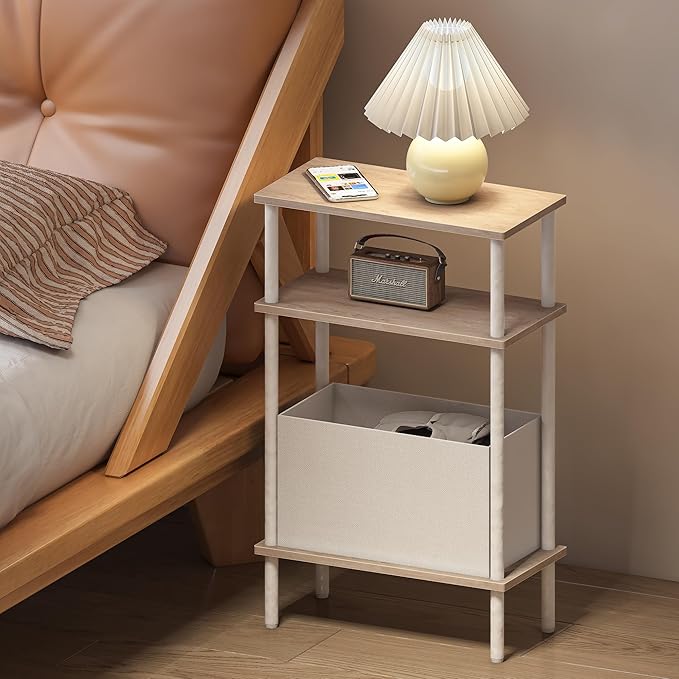 Narrow Side Table with Fabric Basket, Set of 2 End Table for Small Spaces, Slim Nightstand with 3-Tier Storage Shelf, Sofa Beside Table, for Living Room, Bed Room, Natrual Oak