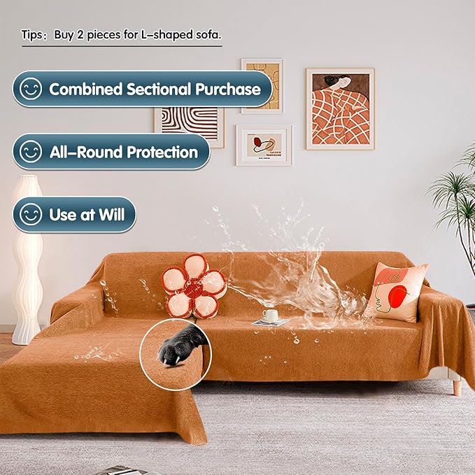 STACYPIK Waterproof Orange Sofa Cover Non-Slip Scratch Proof Couch Cover for Sectional Sofa Furniture Protector for 3 Cushion Couch Washable Pet-Friendly Thick Sofa Slipcover for Living Room-71X134IN