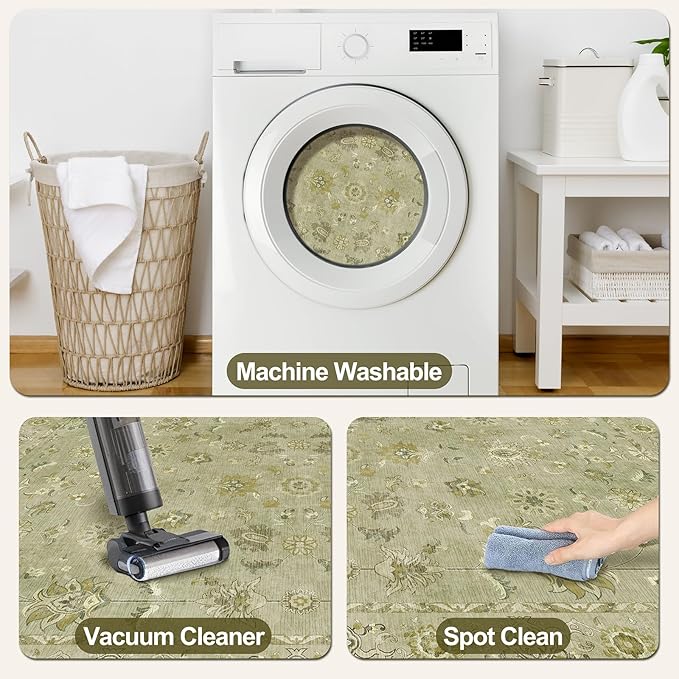 Tangsoo 2x6 Washable Runner Rug for Hallways, Non Slip Floral Vintage Runner, Soft Low Pile Long Rug, Print Distressed Flaxen Green Carpet Runners for Kitchen Bedroom Entryway Living Room