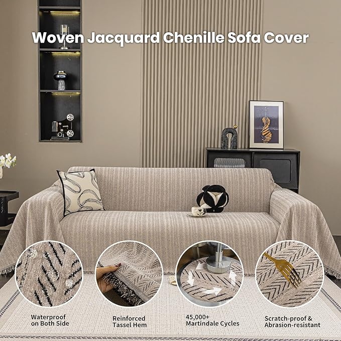 Nobildonna Sofa Cover Washable Soft Thicken Chenille Couch Cover with Tassel,Waterproof Sofa Slipcover for 2-3 Cushion Couch,Sectional Sofa,L-Shaped Furniture Protector Pet-Friendly,Brown 71"x118"