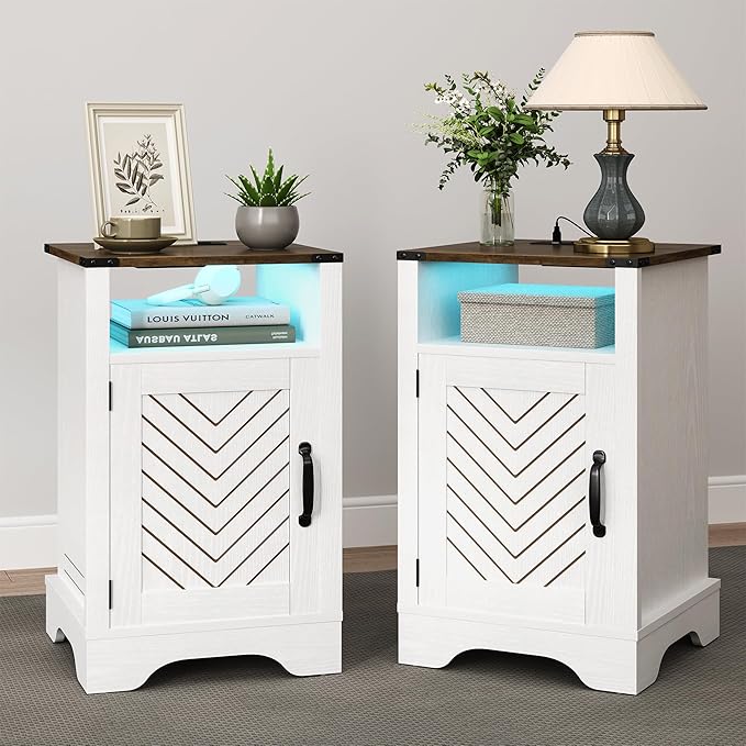 RoyalCraft Farmhouse Nightstand, White Night Stand with LED Lights and Charging Station, Bedside Table Set of 1 with Storage and Door, Wood End Table for Bedroom, Home Office, Antique White