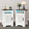 RoyalCraft Farmhouse Nightstand Set of 2, White Night Stand with LED Lights and Charging Station, Bedside Table Set of 2 with Storage and Door, Wood End Table for Bedroom, Home Office, Antique White
