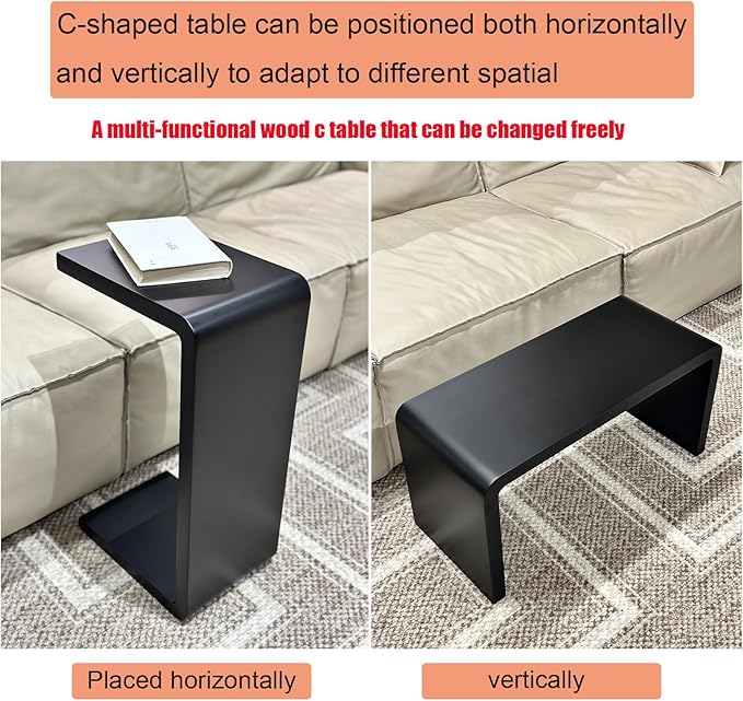 C Shaped End Table, Solid Wood C Side Table for Couch Sofa and Bed, Sofa Tables That Slide Under for Space Saving, Small Snack C Tables for Living Room Bedroom (H 27.2″ - Black, 1)