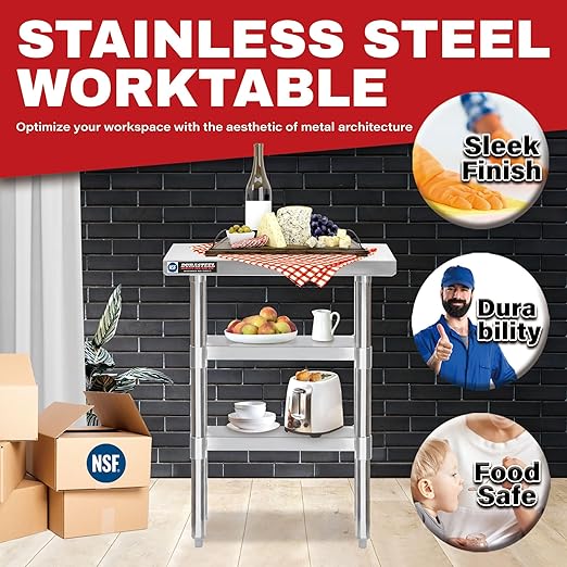 DuraSteel Food Prep Stainless Steel Table - 30 x 12 Inch Commercial Metal Workbench with Adjustable Under Shelf - NSF Certified - for Restaurant, Warehouse, Home, Kitchen, Garage