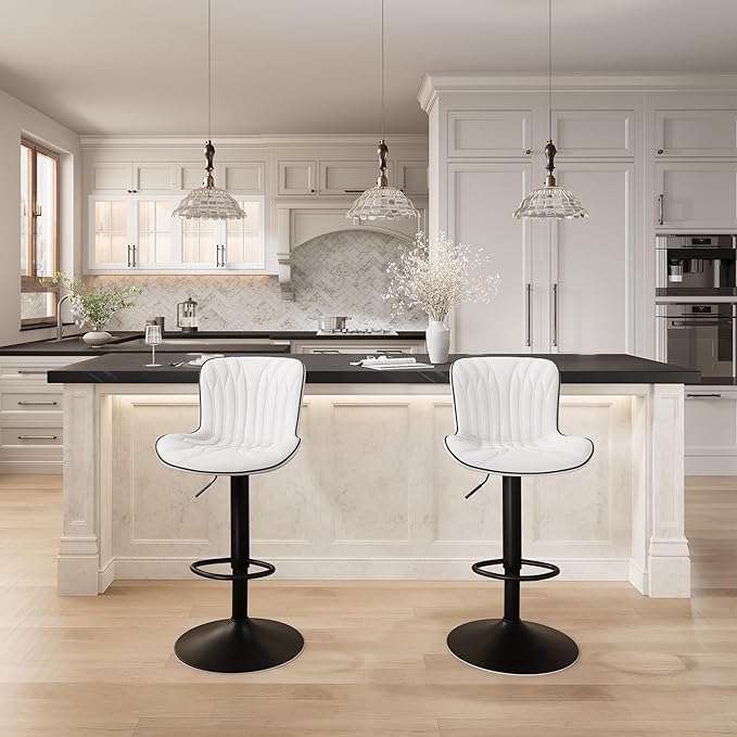 YOUNIKE Single White Bar Stools Modern Swivel Counter Height Bar Chair with Back Adjustable Kitchen Island Faux Leather Padded Barstools taburetes de bar Breakfast sillas para barra de cocina 1PCS
