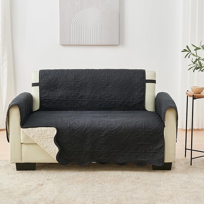 Great Bay Home Reversible Loveseat Cover - Washable Slipcover Furniture Protector with Elastic Straps - Couch Cover for Dogs, Kids, and Pets - Quilted & Stitched Detail (Loveseat, Black/Taupe)