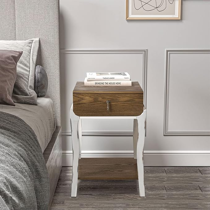 COSIEST Rustic Nightstand, 2-Tier Farmhouse Bedside Table, Wood Accent End Table with Storage Drawer and Open Display Shelf for Bedroom Nursery Living Room(Walnut)