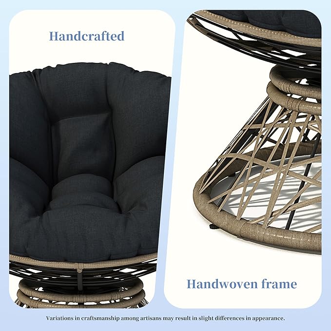 Ball & Cast Ergonomic Wicker Chair with Cloud Thick Density Fabric Cushion,Accent Chair W/ 360 Degree Swivel,Sturdy Metal Frame,Height Adjustable,for Reading,Living Room Bedroom,Lounge,Brown+Black