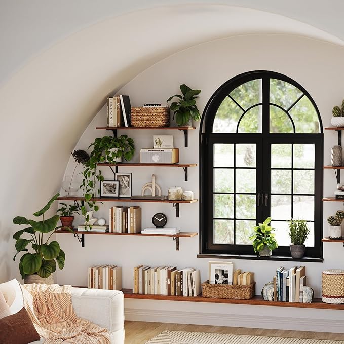 DINZI LVJ Long Wall Shelves, 23.6 Inch Large Floating Shelves Set of 2, Wide Display Shelf Wall Mounted with Brackets, Easy Hanging for Living Room, Toilet, Office, Bedroom, Rustic Brown