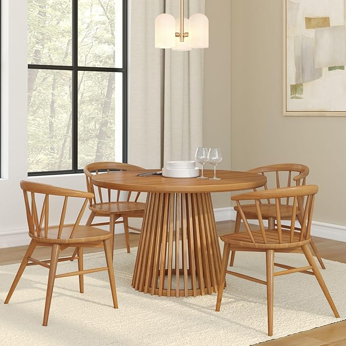Plank+Beam Lido Round Dining Table, 47", Wooden, Pedestal, Minimalist Kitchen Table for 4 for Dining Room, Pecan