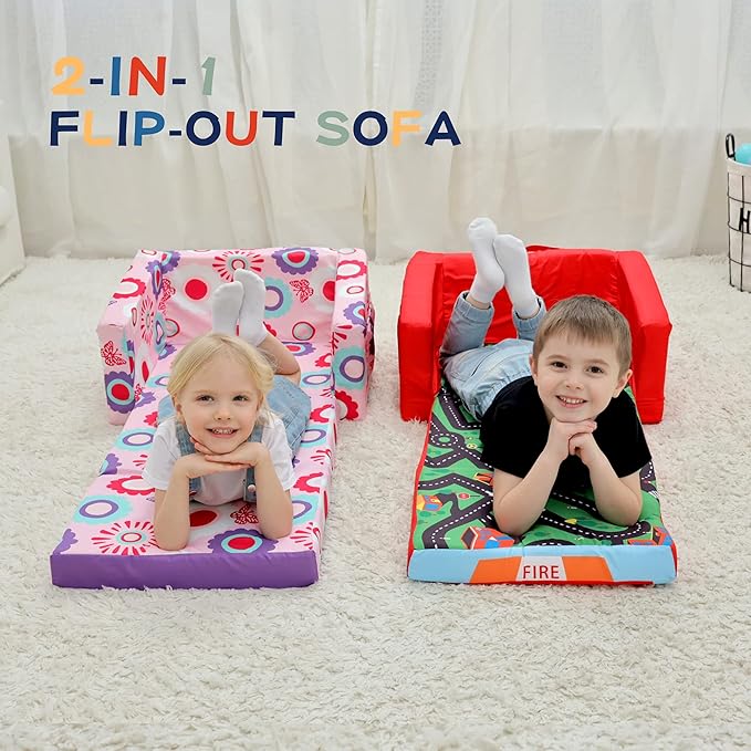 MallBest Kids Sofas Children's Sofa Bed Baby's Upholstered Couch Sleepover Chair Flipout Open Recliner(Pink/Flowers)