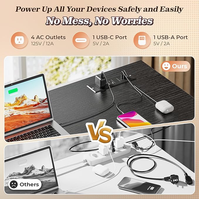 PRAISUN 43.3" Small Computer Desk with Power Outlets and USB-C Port, Reversible L Shaped Corner Office Desk with 4 Fabric Drawers and 2 Height-Adjustable Shelves, for Gaming Writing, Black