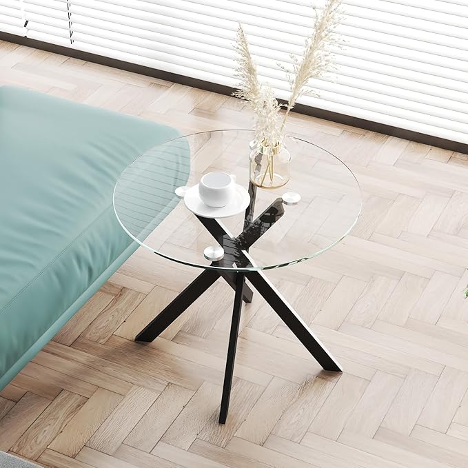 Round Side Table Modern 20 Inch End Table with Tempered Glass Top and Black Metal Legs Stylish Sofa End Table Bed Side Table for Living Room Bedroom
