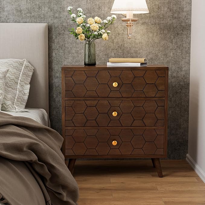 COSIEST Modern End Table w 3 Storage Drawers, Night Stand w Honeycomb Pattern, Small Wood Chest, Accent Cabinet for Bedroom, Living Room(Brown,2 Pieces)