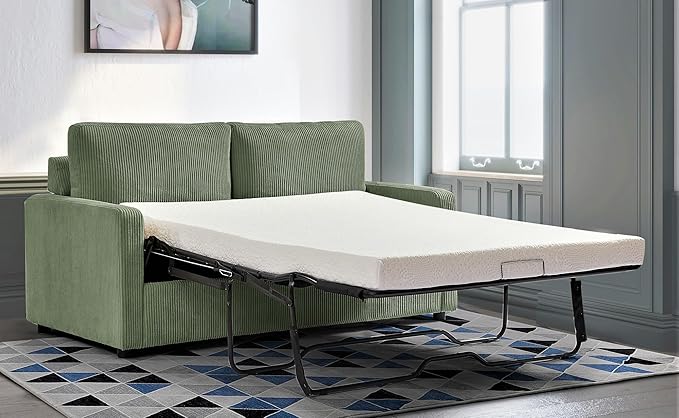 Reversible Sleeper Sofa Bed with Comfortable Memory Foam Mattress, Convertible Corduroy Full Size Pull Out Couch for Living Room, Space Saving Furniture, 70" Wide, Rectangular Arms, Dark Green