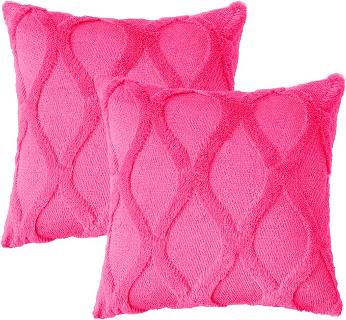 decorUhome Throw Pillow Covers 22x22 Inch Set of 2, Soft Plush Faux Fur Wool Hot Pink Couch Pillow Covers, Decorative Neutral Pillow Cases for Bed Sofa Living Room Home Decor