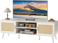 SUPERJARE TV Stand for 65 Inch TV, Entertainment Center with Adjustable Shelf, Rattan TV Console with 2 Cabinets, Media Console, Solid Wood Feet, 4 Cord Holes, for Living Room, White-8750W