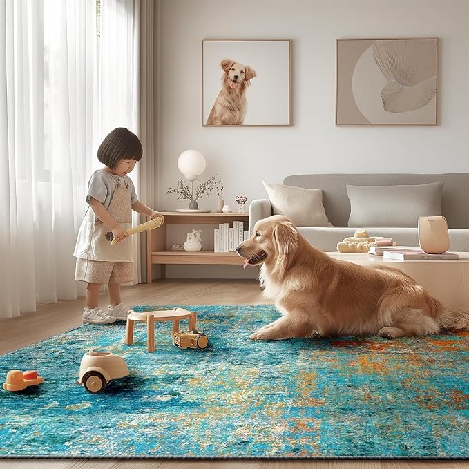 Washable Area Rugs 2'x8' Non-Slip Modern Abstract Soft for Living Room Entryway Bedroom Nursery, Print Pattern, Teal Blue Green Orange Rust Red Colorful