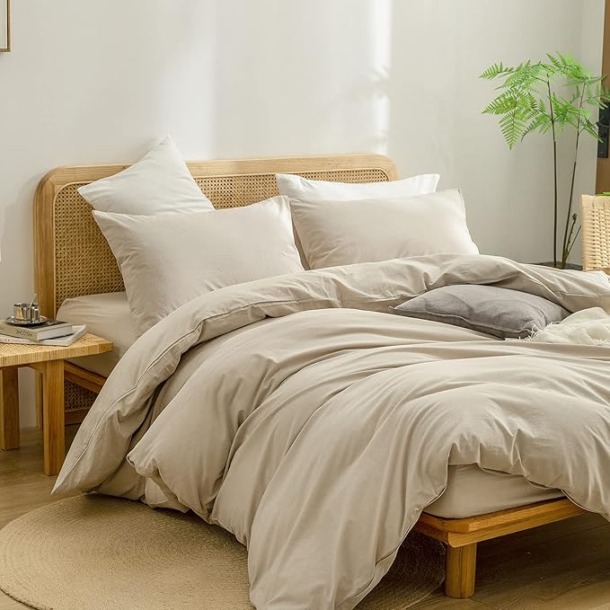 BESTOUCH Duvet Cover Set 100% Washed Cotton Linen Feel Super Soft Comfortable Chic Lightweight 3 PCs Home Bedding Set Solid Almond Milk Grey Super King