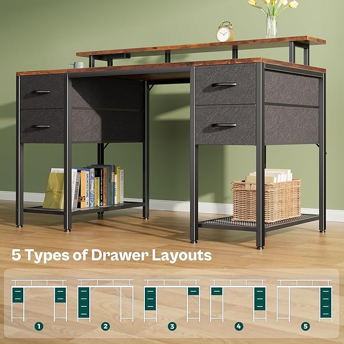 Huuger 55 inch Computer Desk with 4 Drawers, Gaming Desk with LED Lights & Power Outlets, Home Office Desk with Large Storage Space for Bedroom, Work from Home, Rustic Brown