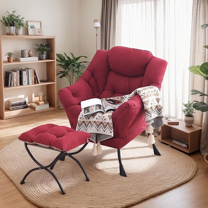 Lazy Chair with Ottoman, Large Modern Lounge Accent Chair with Armrests and Footrest, Reading Armchair with Ottoman, Leisure Sofa Chair for Living Room, Bedroom, Dorm Room, Office（Burgundy）