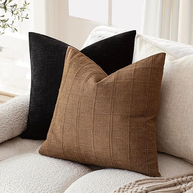 Foindtower Set of 2 Decorative Linen Check Throw Pillow Covers Neutral Farmhouse Vintage Cushion Covers Modern Boho Home Decor for Sofa Chair Couch Bedroom Living Room Outdoor,24×24 Inch,Brown Hazel