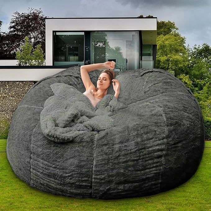 Bean Bag Chair for Adults Kids Without Filling Comfy Fluffy Giant Round Beanbag Lazy Sofa Cover for Reading Chair Floor Chair, 7FT, Dark Grey