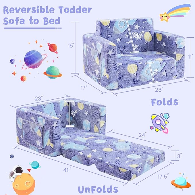 Toddler Chair Comfy,2-in-1 Soft Toddler Couch Fold Out for Kids,Convertible Sofa to Lounger,Gift for Girls and Boys Birthday,Universe