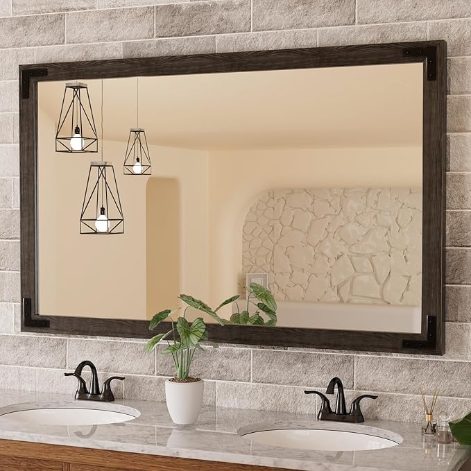TETOTE 48 x 30 Black Wood Mirror for Bathroom Wall/Bedroom/Living Room/Entryway Farmhouse Rustic Wall Mirror Waterproof (Horizontal/Vertical Mounted)