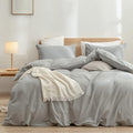 BESTOUCH Duvet Cover Set 100% Washed Cotton Linen Feel Super Soft Comfortable Chic Lightweight 3 PCs Home Bedding Set Solid Light Grey Oversized Queen