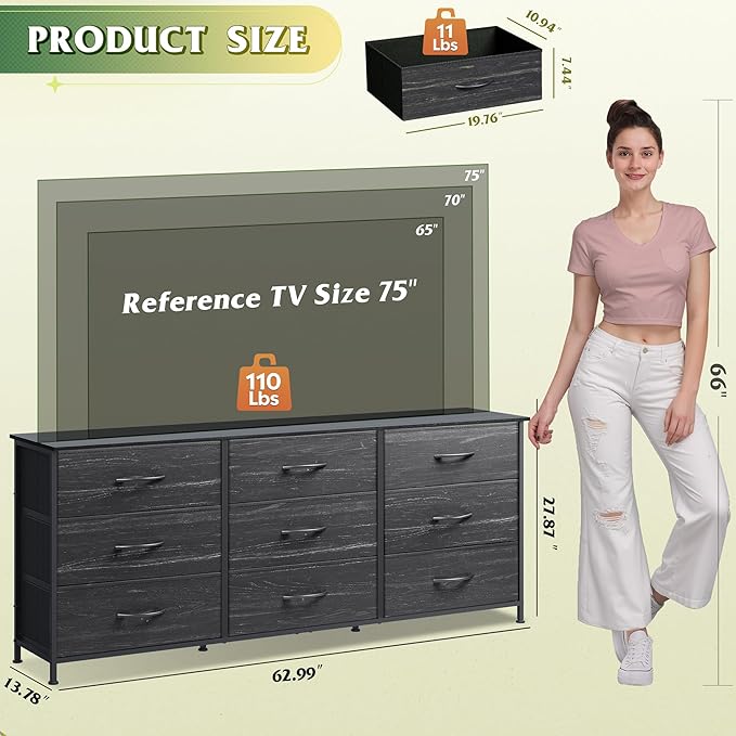 WLIVE 63''W Dresser for Bedroom, Black Dresser TV Stand for 65, 70, 75 inch TV, Wide Chest of Drawers with 9 Drawer, Large Entertainment Center, Fabric Dressers with Wood Top for Closet, Living Room