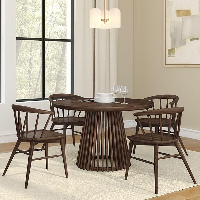 Plank+Beam Lido Round Dining Table, 47", Wooden, Pedestal, Minimalist Kitchen Table for 4 for Dining Room, Walnut