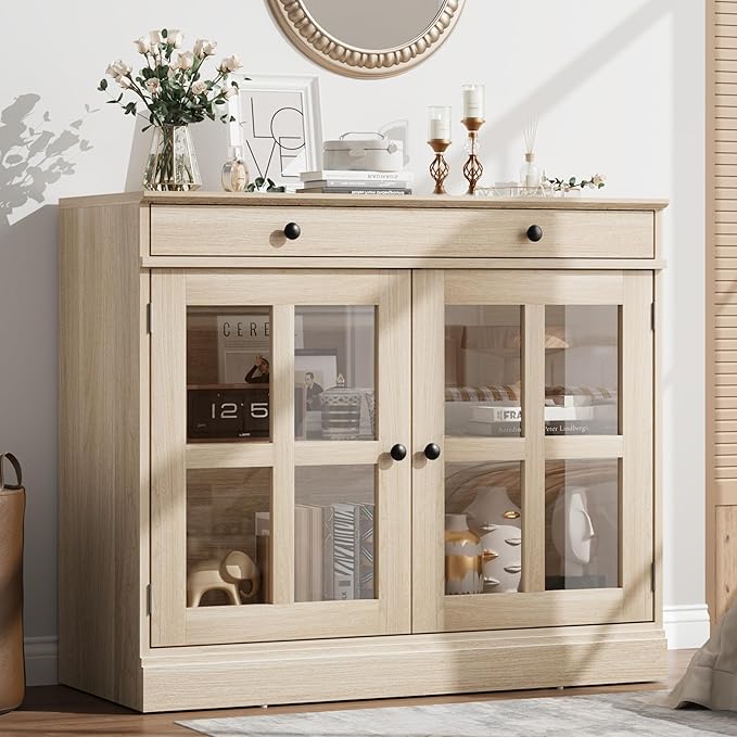 GarveeHome 35.4" Sideboard Buffet Cabinets with Glass Door, Buffet Cabinet with Storage, Oak Sideboard Cabinet with Drawer, Modern Buffets & Sideboards for Dining Room, Kitchen