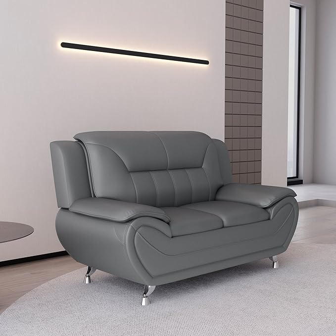 Container Furniture Direct Michael Modern Faux Leather Upholstered Stainless Steel Legs Living Room Loveseat, Sleek Gray