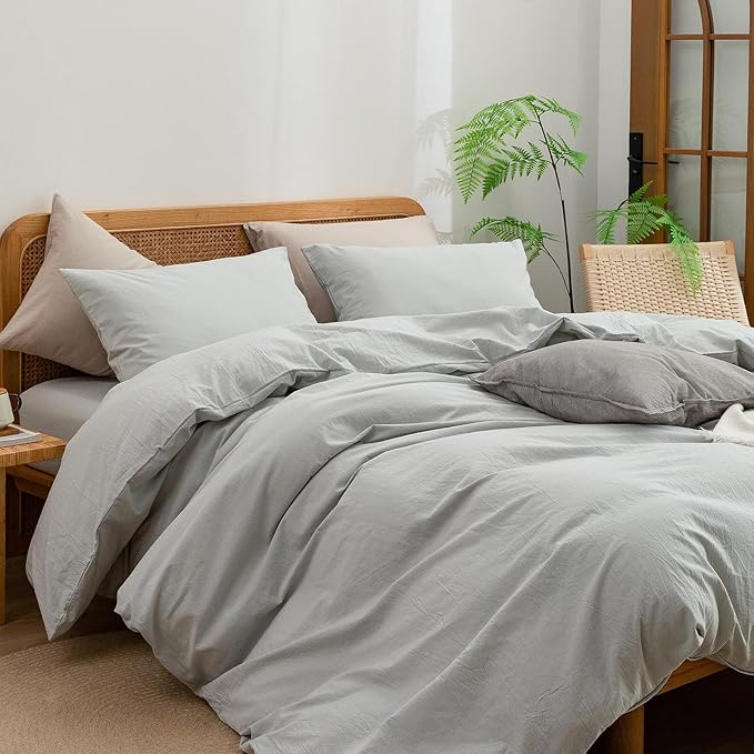 BESTOUCH Duvet Cover Set 100% Washed Cotton Linen Feel Super Soft Comfortable Chic Lightweight 3 PCs Home Bedding Set Solid Northern Droplet Grey Super King Plus
