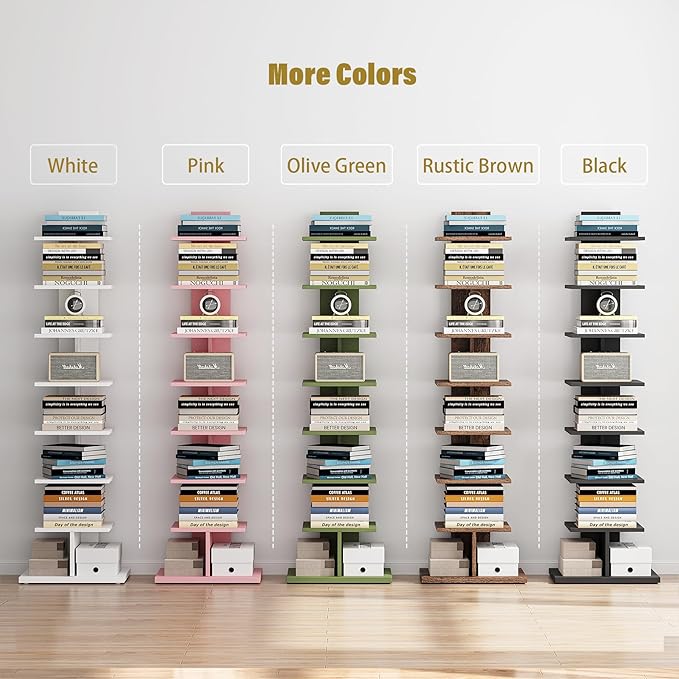 TUTOTAK Bookshelf, 8-Tier Bookcase, Narrow Spine Book Shelf for Small Space, Corner Standing Shelf for Living Room, Office, Study, Entryway, Pink BS06BP008