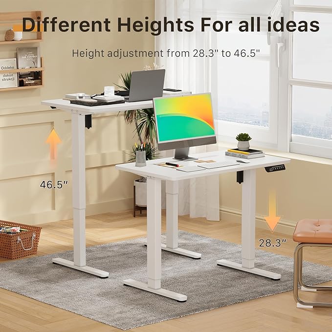 JOY worker Small Electric Standing Desk, 40" x 20" Whole Piece Height Adjustable Desk with Memory Controller, White Sit to Stand Desk Workstation for Home Office