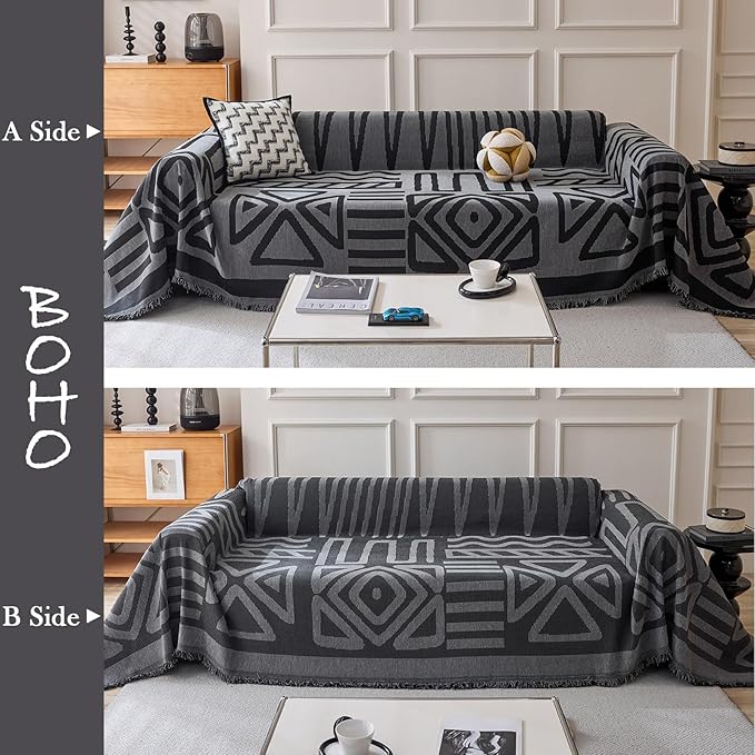 HANDONTIME Boho Geometric Couch Covers for Sofa Pet Friendly Dark Grey and Black Sofa Covers Washable Chenille Couch Blanket Cover for 3 Cushion Couches Pet Protector Furniture Cover Soft, 71" X 134"
