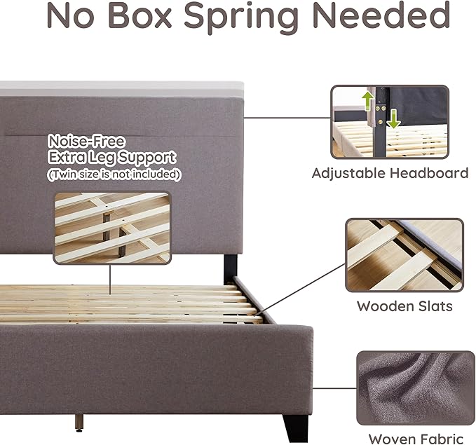 Livinia Amelia Twin Size Platform Bed, Fabric Upholstered Twin Bed Frame with Height Adjustable Headboard Footboard, Strong Wood Slats, No Box Spring Needed, Brown