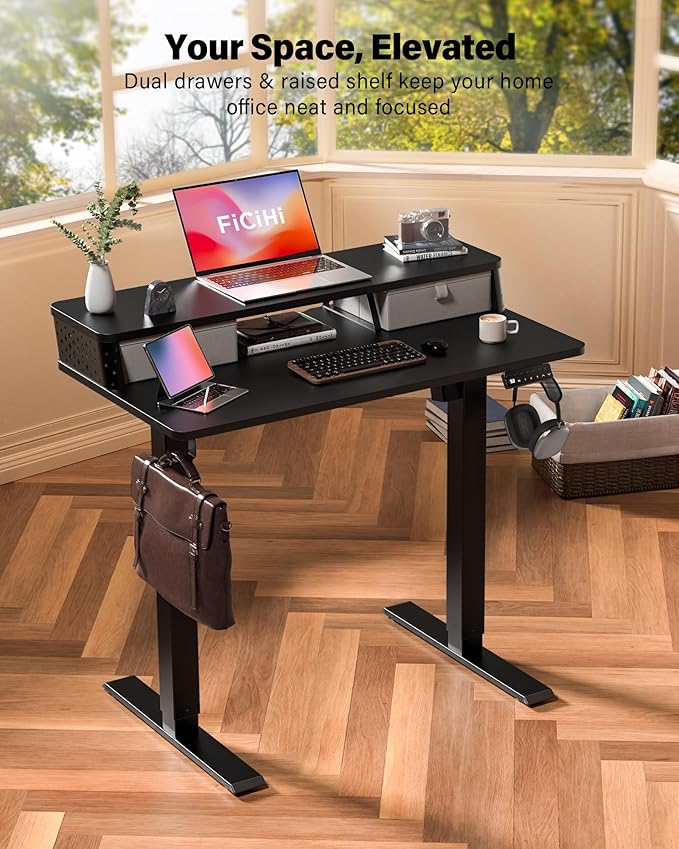 40x24 Inch Standing Desk with Double Drawers, C-Clamp Mount Compatible, Electric Adjustable Height Computer Stand Up Desks, Home Office Sit Stand Table with 3 Preset Heights & 2 Hooks, Black