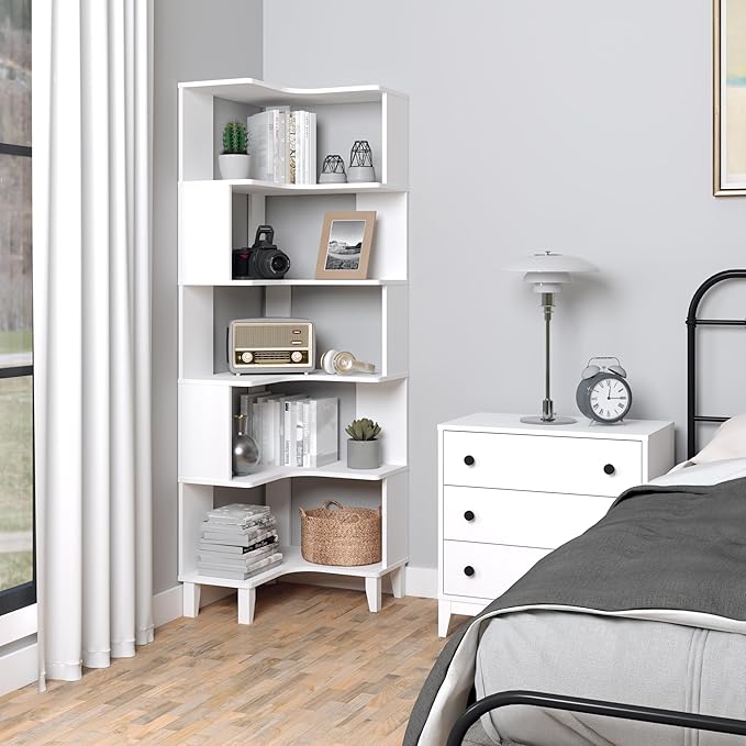 Prepac Nordik 6-Tier White Modern Mid Century Corner Bookcase, 71.5" Extra Tall White Corner Shelf with Storage, Multifunctional Freestanding Bookshelf for Home Office, Living Room, Bedroom