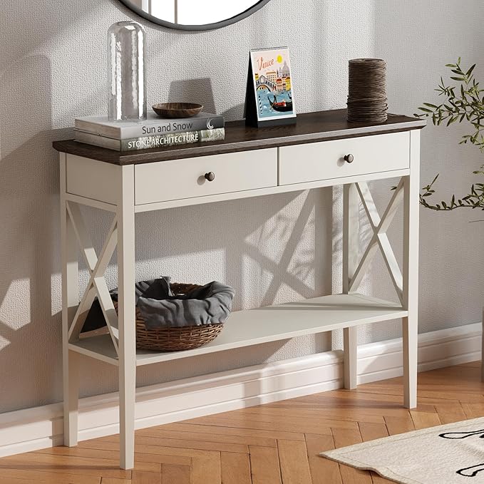 ChooChoo Farmhouse Console Table with Drawers, Narrow Wood Accent Sofa Table Entryway Table with Storage Shelf for Entryway, Front Hall, Hallway, Living Room, Antique White & Brown
