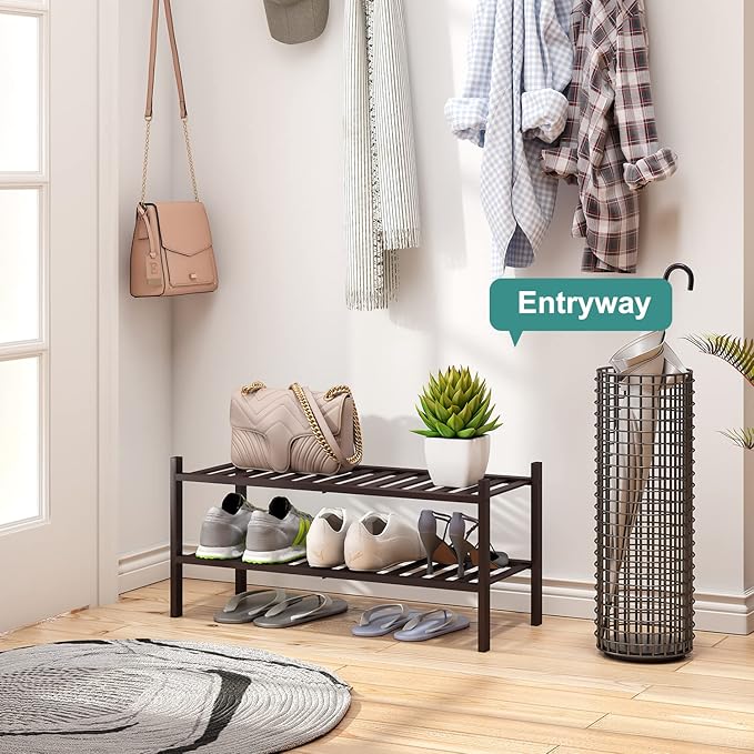 2-Tier Shoe Rack for Entryway, Bamboo Shoe Rack for Closet, Free Standing Shoe Racks for Indoor Outdoor, Stackable Shoe Shelf Storage Organizer for Hallway Closet