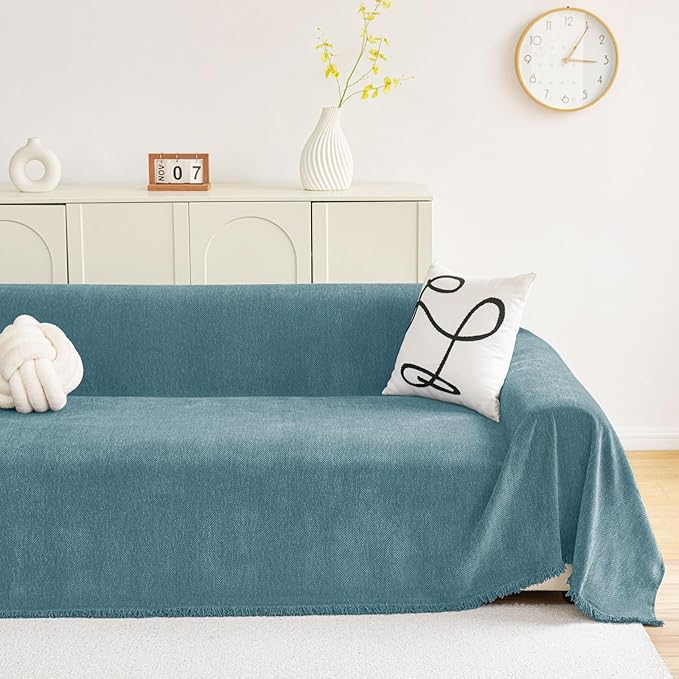 hyha Couch Cover for Dogs, Boho Sofa Covers for 3 Cushion Couch Washable, Chenille Sofa Slipcover for Pets, Soft Loveseat Sectional Couch Throw Blankets with Tassels (Blue, 88.5x134 Inch)